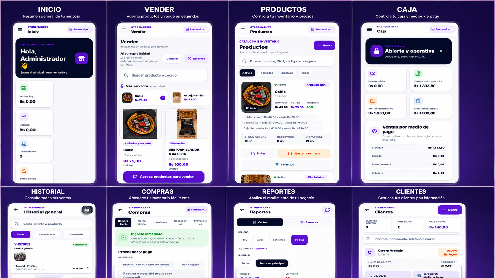 Pantallas reales de StoreMarket en móvil: vender, productos, caja, reportes y más